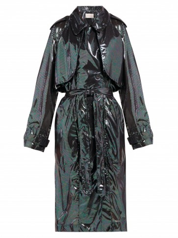CHRISTOPHER KANE Double-breasted iridescent-chiffon trench coat in black ~ glossy coats