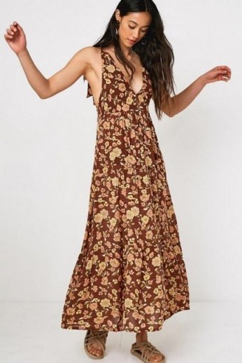 Faithfull The Brand Opatija Floral Print Chiffon Midi Dress Brown Multi / long boho dresses - flipped