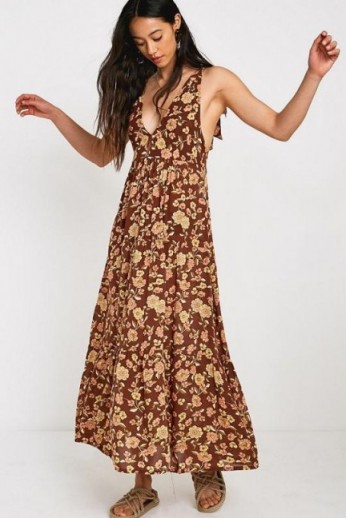 Faithfull The Brand Opatija Floral Print Chiffon Midi Dress Brown Multi / long boho dresses