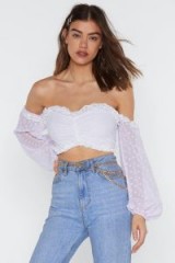 NASTY GAL Edge Your Bets Off-the-Shoulder Broderie Top in lilac – feminine bardot crop