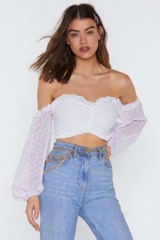 NASTY GAL Edge Your Bets Off-the-Shoulder Broderie Top in lilac – feminine bardot crop - flipped
