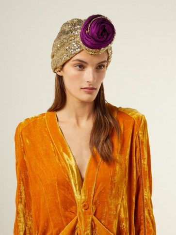 JULIA CLANCEY Edith Glitz sequinned silk-blend turban ~ gold and purple fashion turbans ~ glamorous luxe accessory - flipped