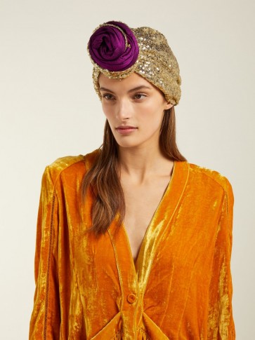 JULIA CLANCEY Edith Glitz sequinned silk-blend turban ~ gold and purple fashion turbans ~ glamorous luxe accessory