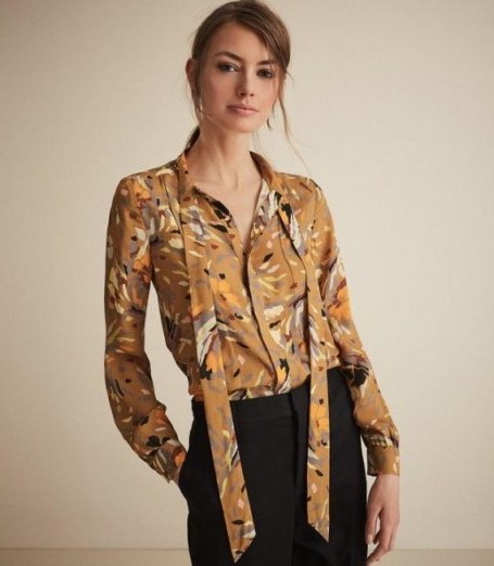 REISS ELISA PRINTED BLOUSE GOLD ~ beautiful neck-tie blouses - flipped