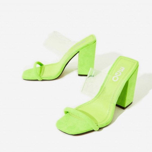 EGO Elle Block Heel Perspex Heel Mule In Lime Green Faux Suede ~ bright mules - flipped