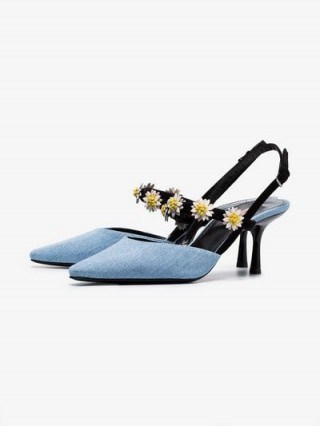 Fabrizio Viti Blue 65 Denim And Leather Pumps ~ daisy embellished slingbacks - flipped