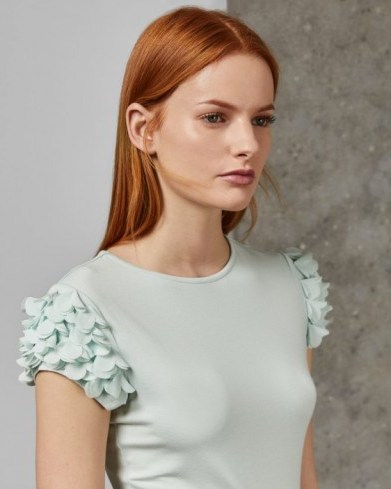 Ted Baker BLERE Floral applique sleeve T-shirt in mint – frilly sleeved tee - flipped
