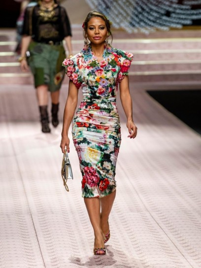 DOLCE & GABBANA Floral-print satin midi dress ~ beautiful Italian clothing ~ applique flower dresses