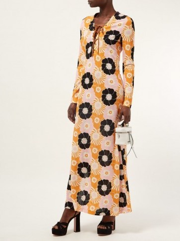MIU MIU Floral-print side-slit maxi dress in pink ~ retro printed dresses - flipped