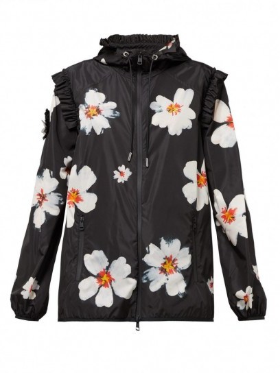 4 MONCLER SIMONE ROCHA Floral-print technical hooded jacket in black ~ feminine lightweight jackets - flipped