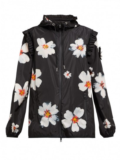 4 MONCLER SIMONE ROCHA Floral-print technical hooded jacket in black ~ feminine lightweight jackets