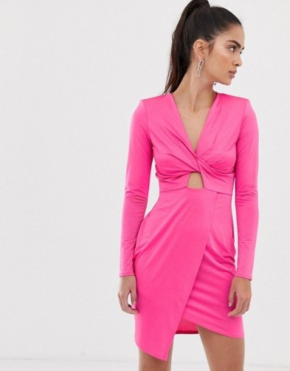 Flounce London wrap front satin mini dress in fuchsia ~ neon pink fashion - flipped