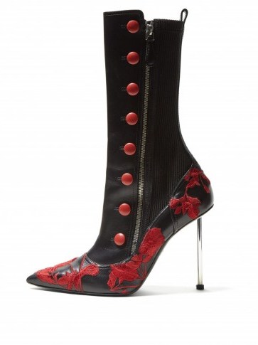 ALEXANDER MCQUEEN Flower-embroidered black leather boots ~ Victorian inspired footwear - flipped