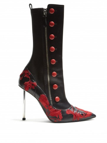 ALEXANDER MCQUEEN Flower-embroidered black leather boots ~ Victorian inspired footwear