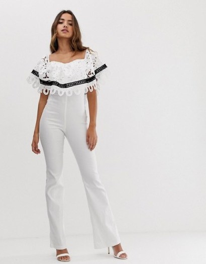 Forever U bardot jumpsuit with crochet lace trim in ivory ~ off the shoulder jumpsuits - flipped