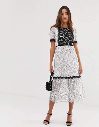 Forever U lace midi dress with contrast trim in mono ~ black and white floral party dresses