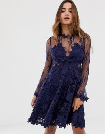 Forever U lace prom midi skater dress in navy ~ blue semi-sheer party dresses - flipped