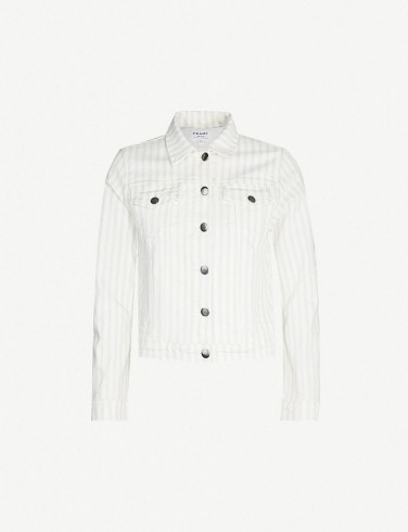 FRAME Le Vintage Bardot striped denim jacket in courtyard ~ casual white jackets