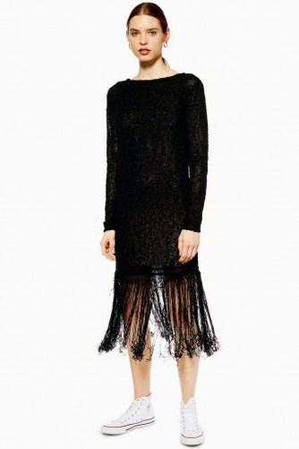 Topshop Boutique Fringe Knit Tunic Dress in Black | knitted fashion - flipped