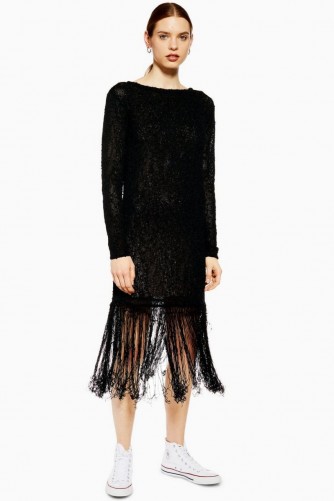 Topshop Boutique Fringe Knit Tunic Dress in Black | knitted fashion