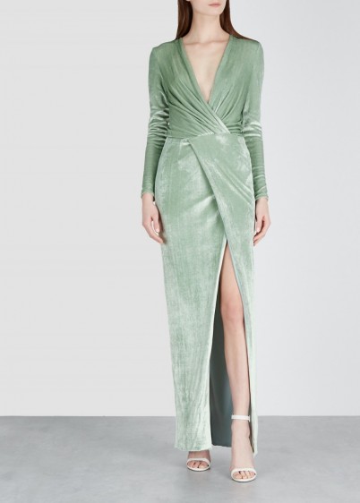 GALVAN Vera mint velvet gown – long luxe light-green dress