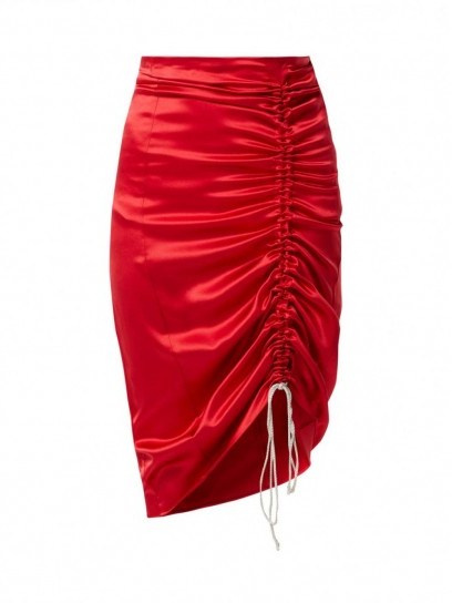 HILLIER BARTLEY Gathered red silk-satin pencil skirt ~ ruched skirts - flipped