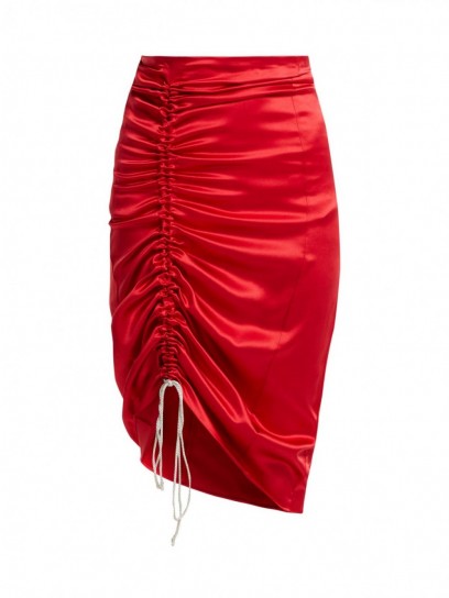 HILLIER BARTLEY Gathered red silk-satin pencil skirt ~ ruched skirts
