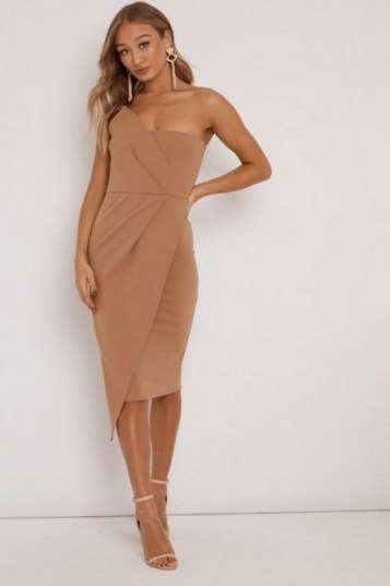 in the style GINY CAMEL RUCHED FRONT BANDEAU MIDI DRESS ~ strapless going out dresses - flipped