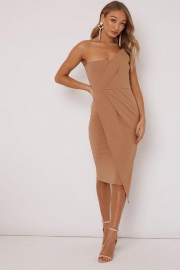 in the style GINY CAMEL RUCHED FRONT BANDEAU MIDI DRESS ~ strapless going out dresses