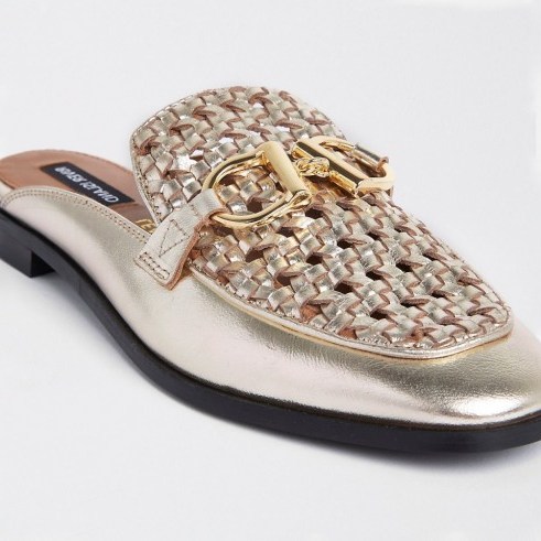 RIVER ISLAND Gold woven leather backless loafers | luxe loafer - flipped