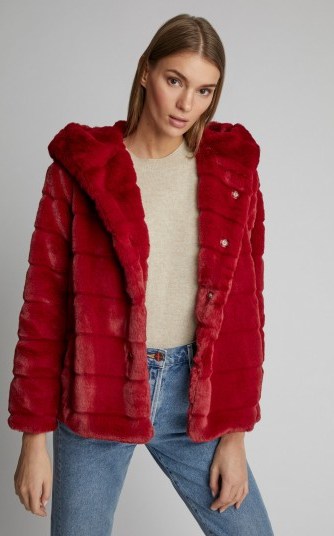 Apparis Goldie II Faux Fur Jacket in Burgundy | fluffy hooded winter jackets - flipped