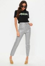 Missguided grey faux leather belted cigarette trousers – grey faux, straight legged leather trousers and ring belt