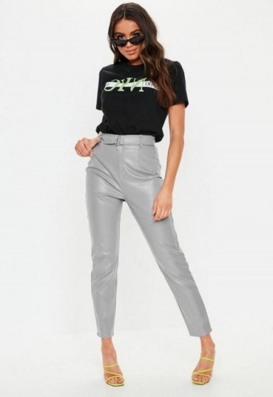 Missguided grey faux leather belted cigarette trousers – grey faux, straight legged leather trousers and ring belt - flipped