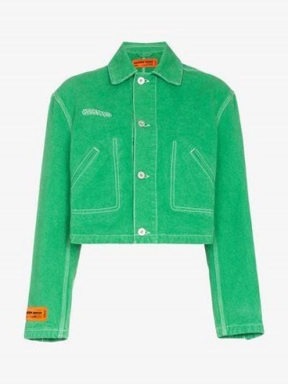 Heron Preston CTNMB Embroidered Cropped Denim Jacket in Green - flipped