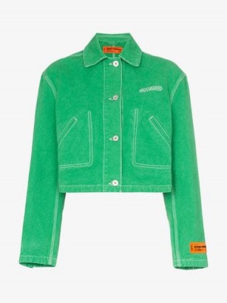 Heron Preston CTNMB Embroidered Cropped Denim Jacket in Green