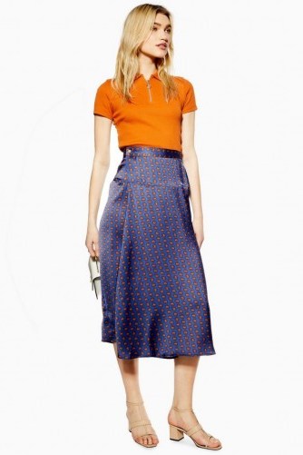 Topshop Horse Coin Wrap Midi Skirt in Navy Blue - flipped