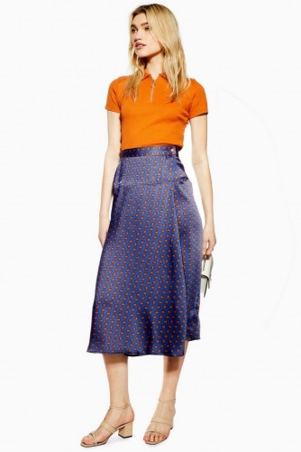 Topshop Horse Coin Wrap Midi Skirt in Navy Blue