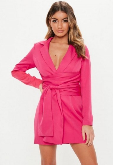 MISSGUIDED hot pink extreme wrap belted blazer dress ~ bright going out fashion - flipped