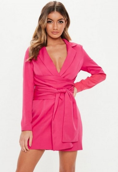 MISSGUIDED hot pink extreme wrap belted blazer dress ~ bright going out fashion