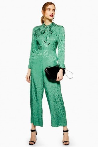 Topshop Jacquard Jumpsuit in Green - flipped