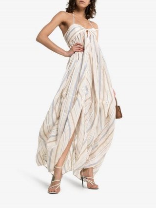 Jacquemus Stripe Embroidered Tie Back Halterneck Maxi Dress in Beige ~ vacation glamour - flipped