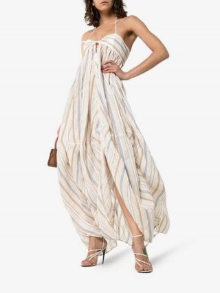 Jacquemus Stripe Embroidered Tie Back Halterneck Maxi Dress in Beige ~ vacation glamour