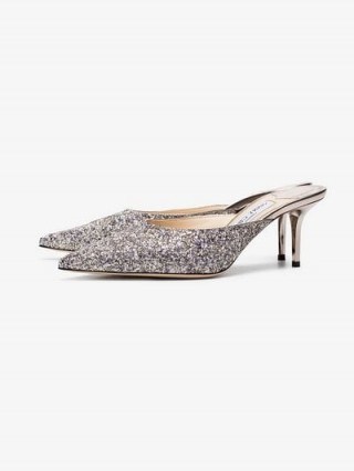 Jimmy Choo 65 Glittered Mules in Silver / sparkly shoes - flipped