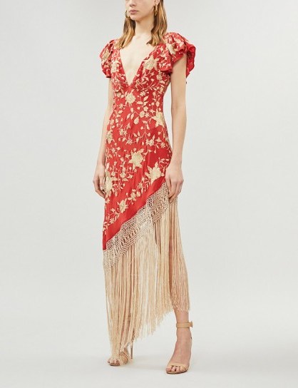 JOHANNA ORTIZ Asymmetric fringed embroidered silk-crepe dress in carmine red | plunge front necklines - flipped