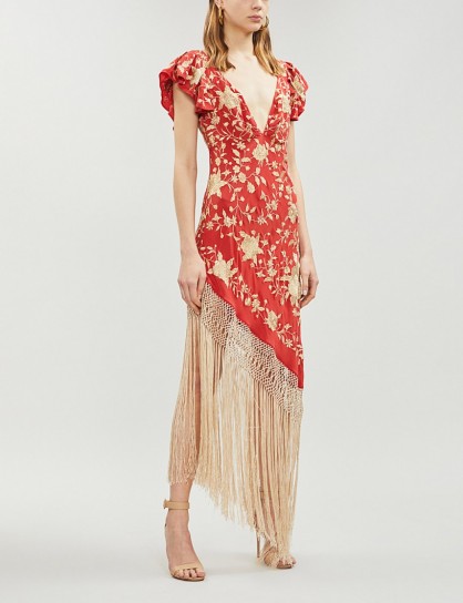 JOHANNA ORTIZ Asymmetric fringed embroidered silk-crepe dress in carmine red | plunge front necklines