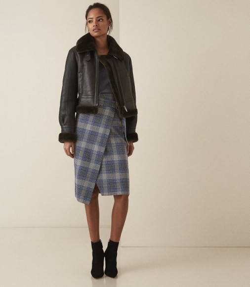 Reiss JOSIE CHECKED WRAP FRONT SKIRT in BLUE CHECK