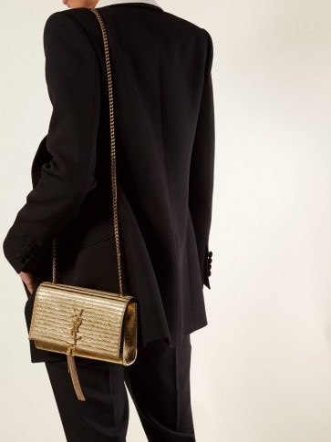 SAINT LAURENT Kate striped lamé and leather cross-body bag in gold ~ luxe metallic bags - flipped