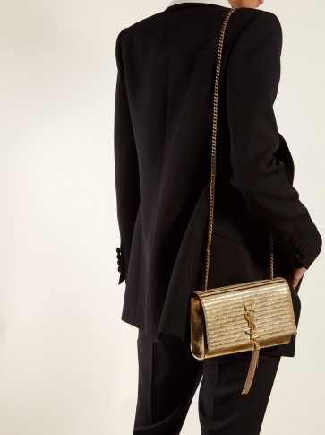 SAINT LAURENT Kate striped lamé and leather cross-body bag in gold ~ luxe metallic bags