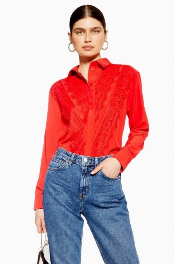 TOPSHOP Lace Shirt in Red