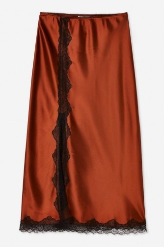 TOPSHOP Lace Trim Bias Midi Skirt in Chocolate – brown silky skirts - flipped